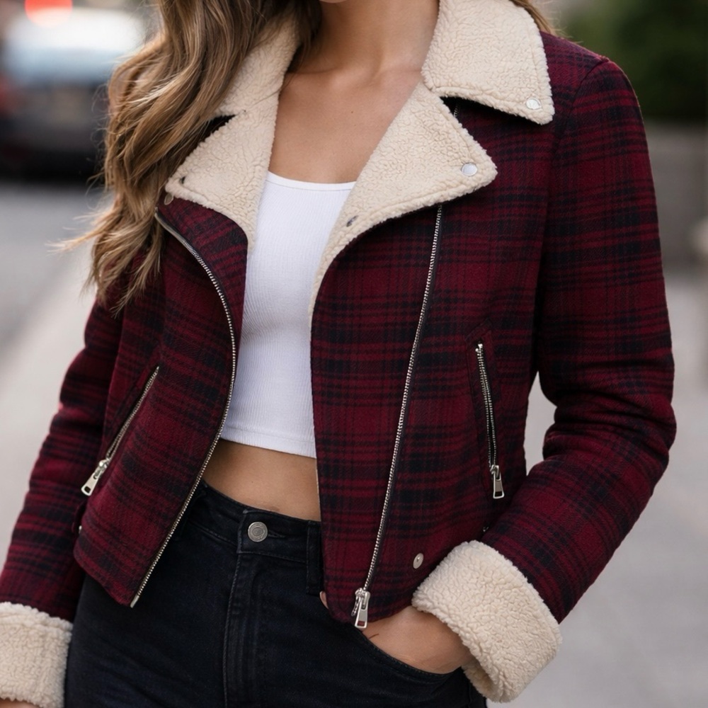 American Eagle Moto Jacket Women Small Red Plaid Sherpa Wool Lumberjack Moto
